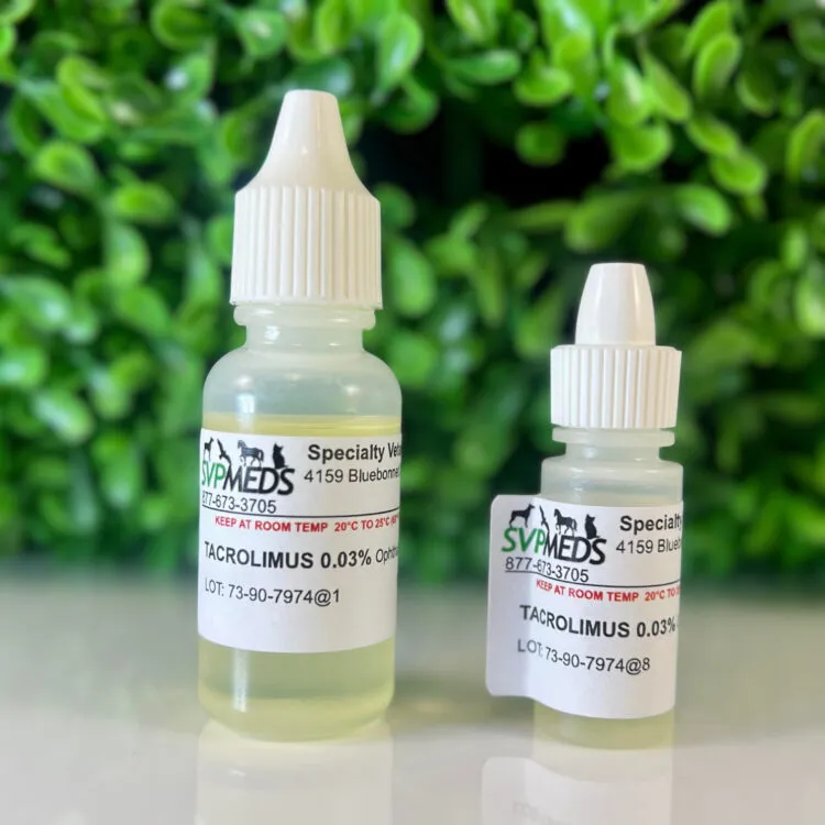 Tacrolimus Ophthalmic Solution in Oil 0.03% compounded for dogs in 5 mL and 15 mL bottles from Specialty Veterinary Pharmacy.