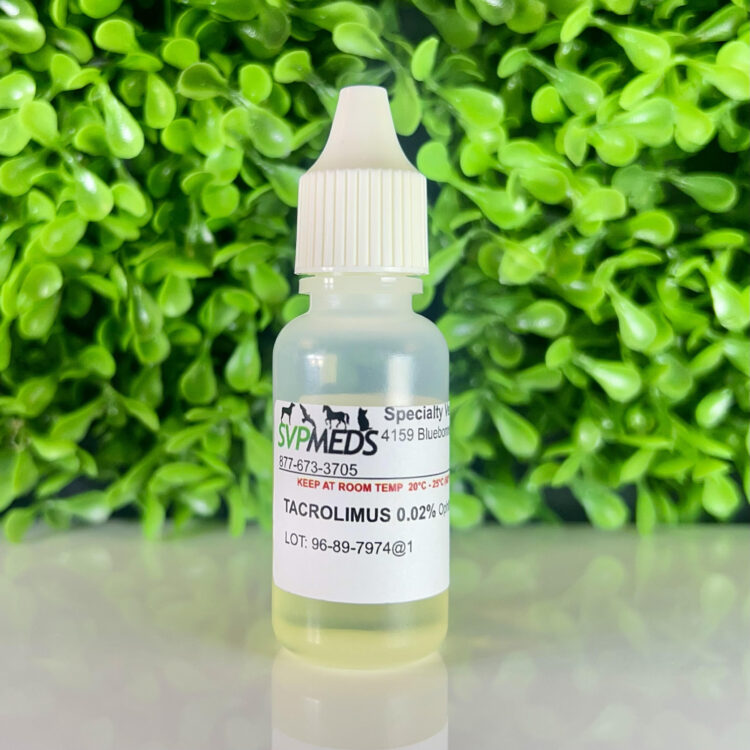 Tacrolimus Ophthalmic Solution 0.02% compounded for dogs in a sterile 10 mL bottle from Specialty Veterinary Pharmacy.