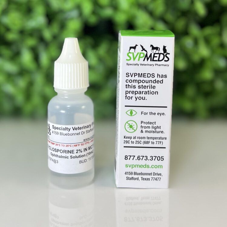 Cyclosporine ophthalmic solution compounded for dogs in a 10 mL sterile bottle with SVPMEDS packaging