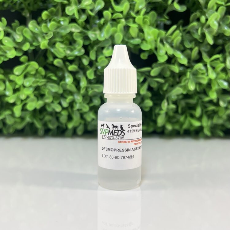Bottle of compounded Desmopressin Acetate 0.01% Ophthalmic Solution for dogs and cats from SVPMEDS, with a white dropper cap.