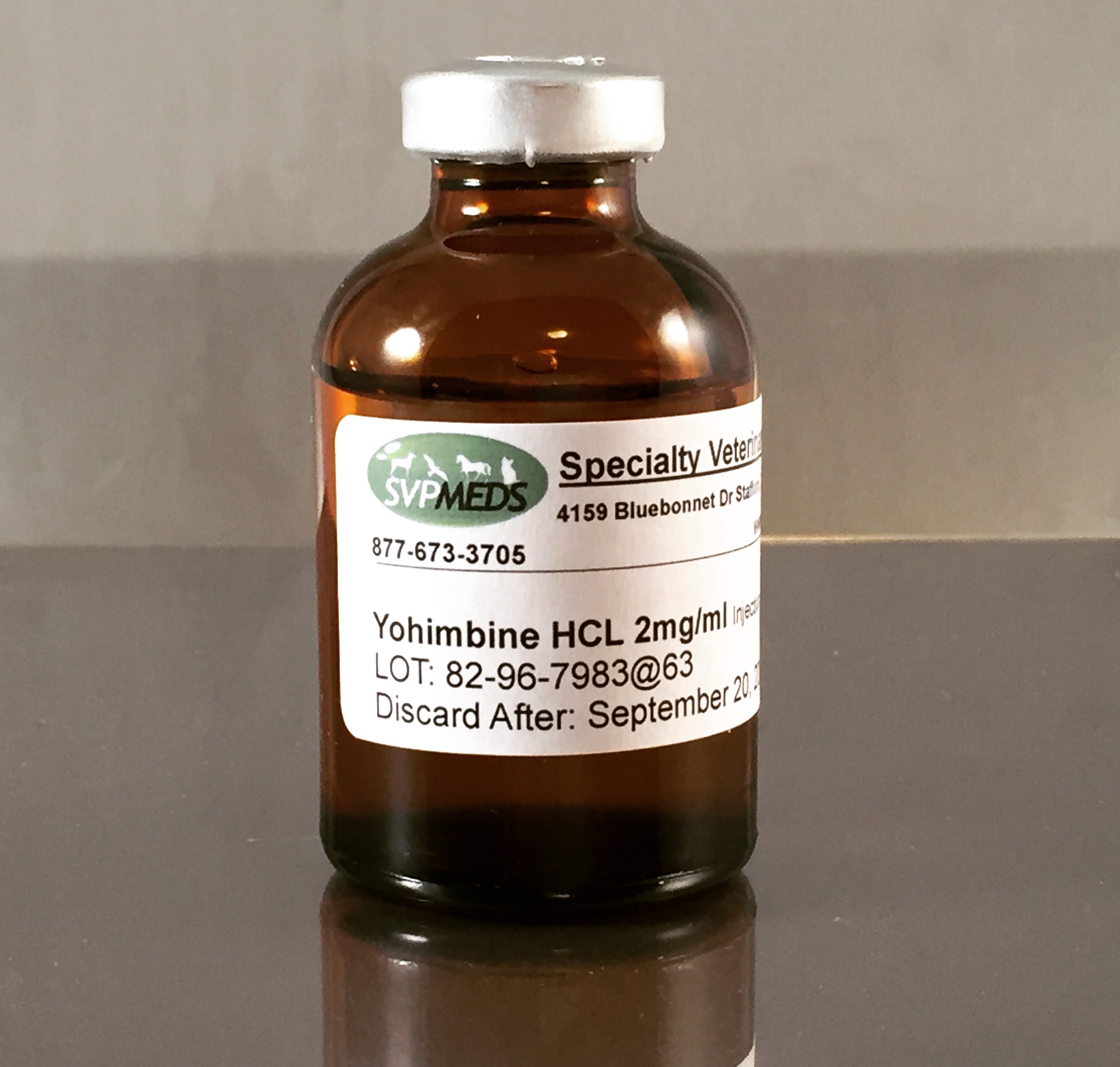 Yohimbine HCl 2mg/mL injection compounded for dogs, horses, llamas, and zoo animals.