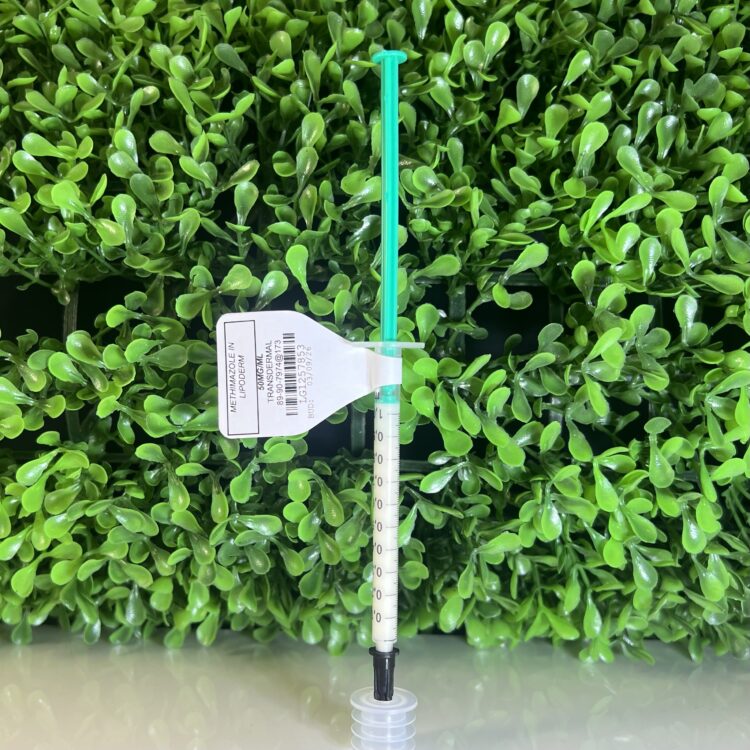 Methimazole 50 mg/mL transdermal gel in a 1 mL syringe compounded for cats, packaged and ready for application