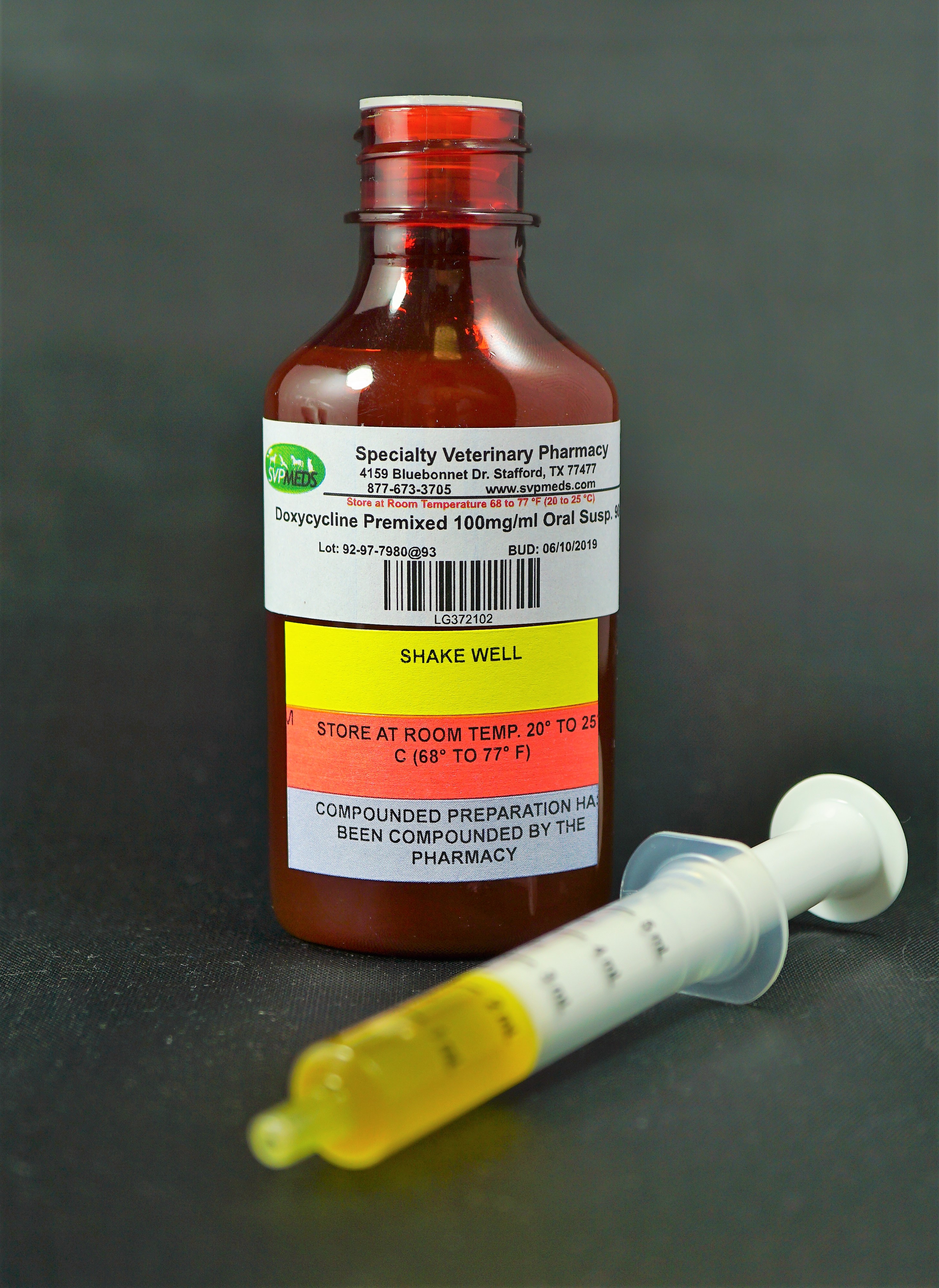 Doxycycline PREMIXED Oral Liquid compounded for dogs and cats.