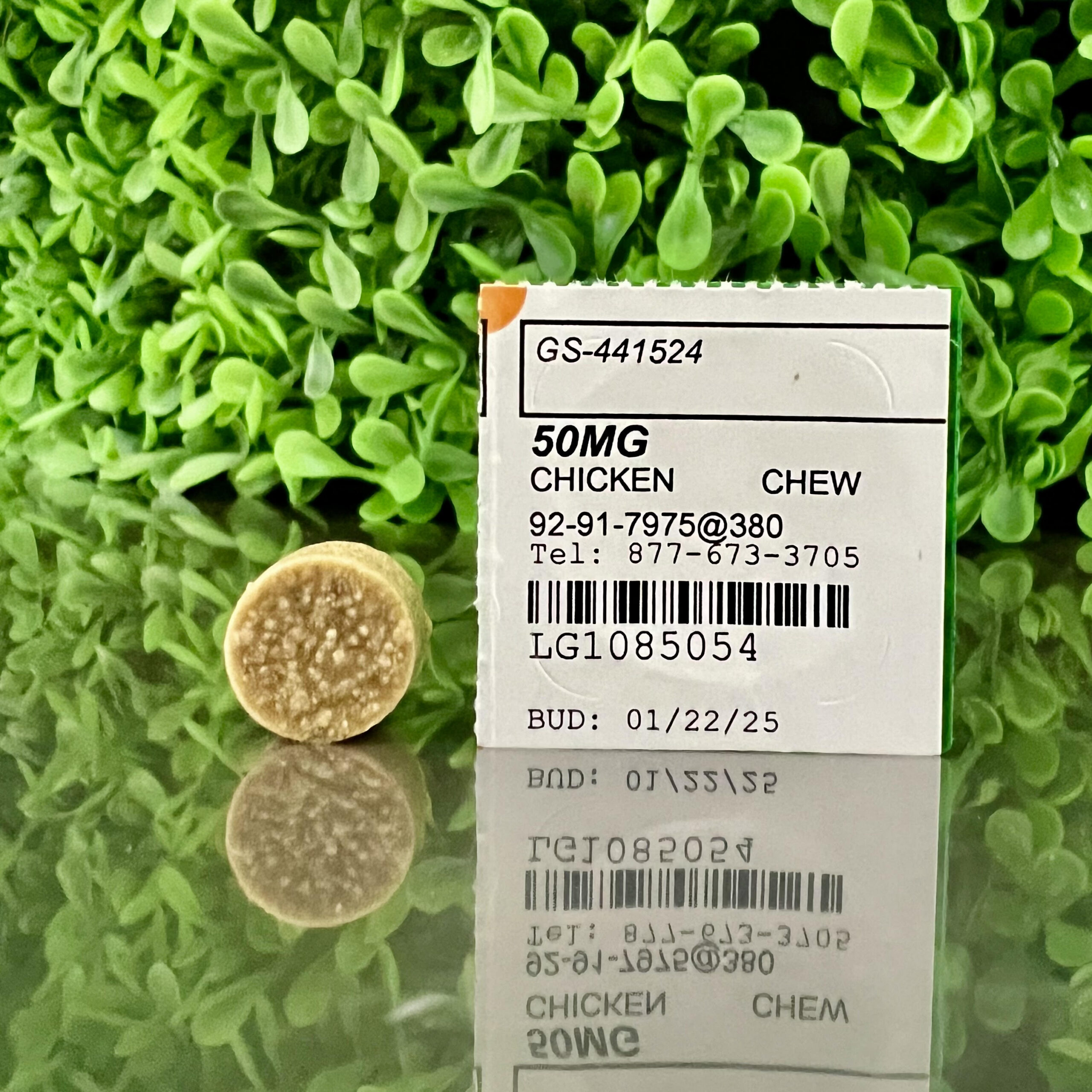 GS-441524 50 mg chicken-flavored soft chewable compounded for cats by SVPMEDS, shown beside its packaging