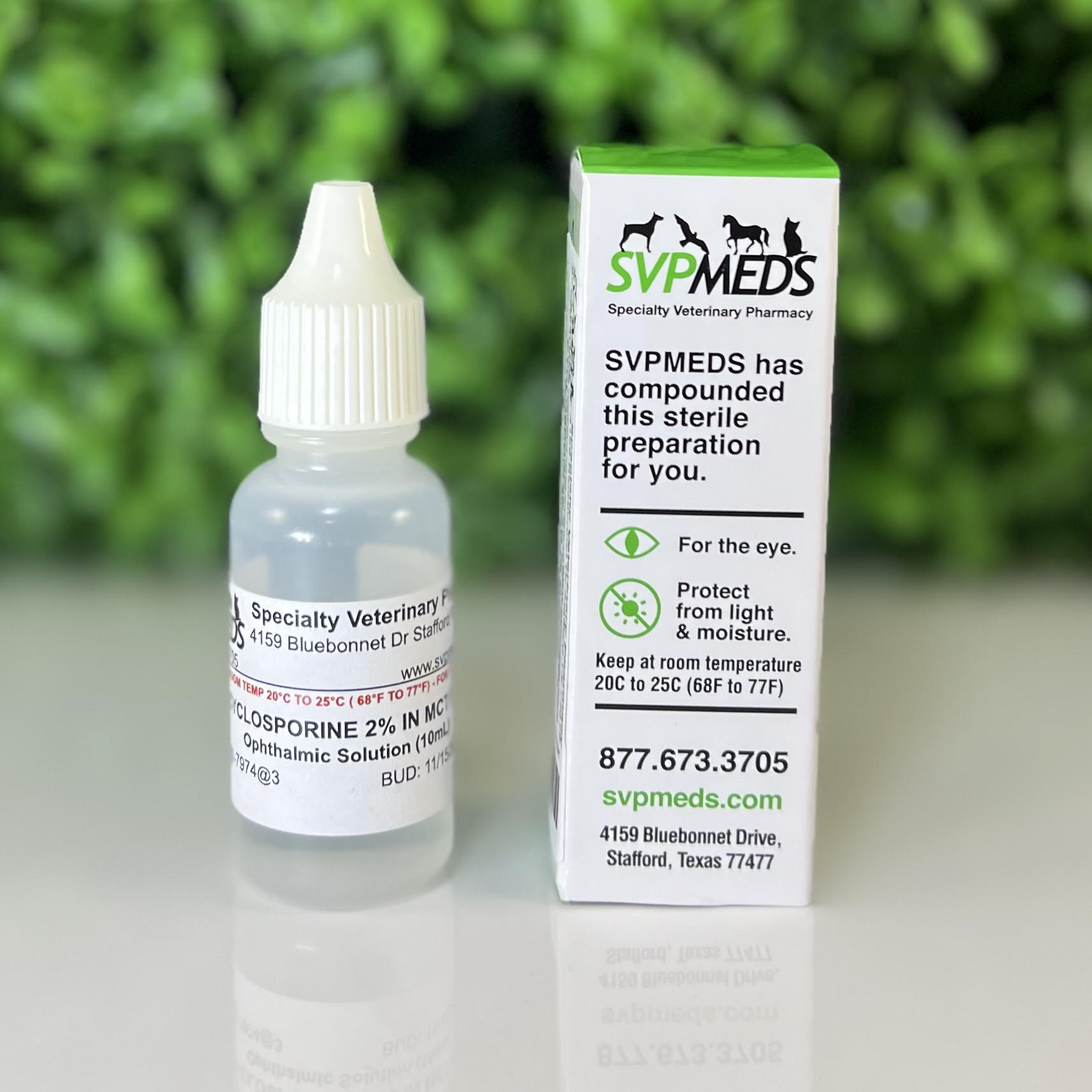 Cyclosporine ophthalmic solution compounded for dogs by SVPMEDS in a 10 mL eye drop bottle with packaging